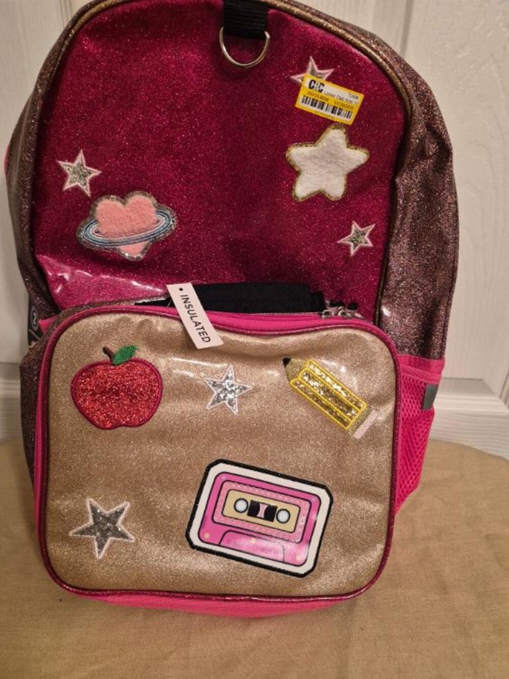 Locker Club Girls Glitter Backpack with Insulated Lunch Bag Bundle